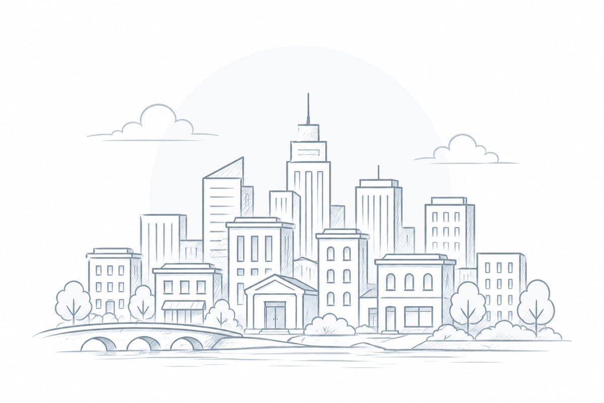 Illustrated city skyline with a small church in the foreground